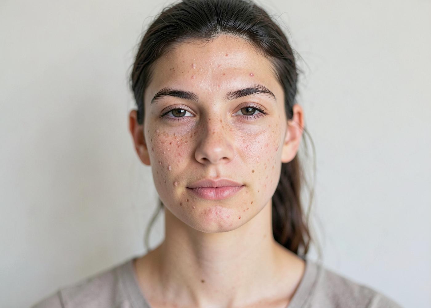 Young adult with visible natural acne and unretouched skin texture
