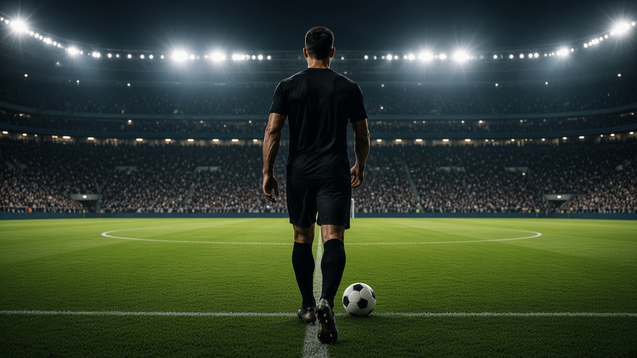 Adult footballer standing on the center circle of a floodlit stadium at night