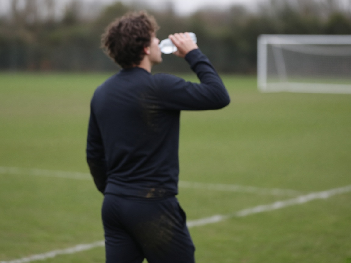 A football player drinking water on a grass pitch