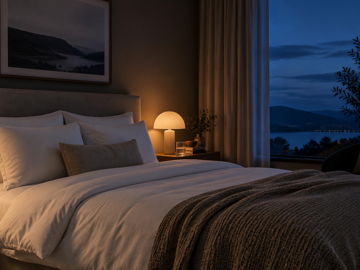A calm bedroom with linen bedding and a bedside lamp at dusk