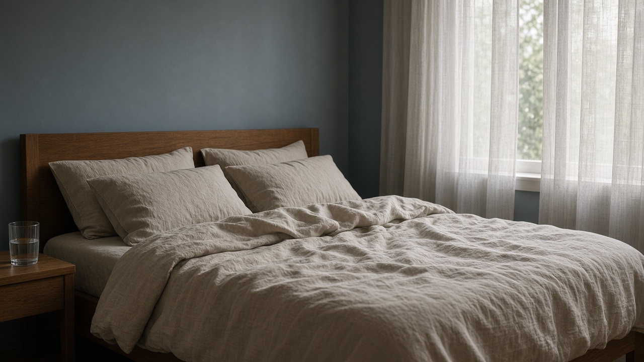 Calm bedroom in morning light, with linen bedding and a glass of water