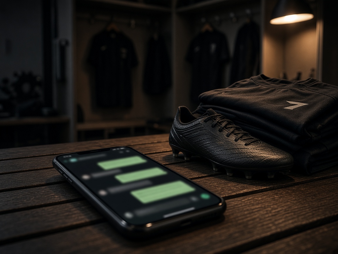 Phone on a changing-room bench beside football boots