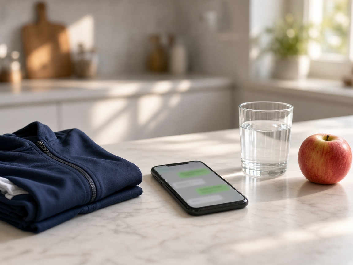 Phone on a kitchen counter beside a training top