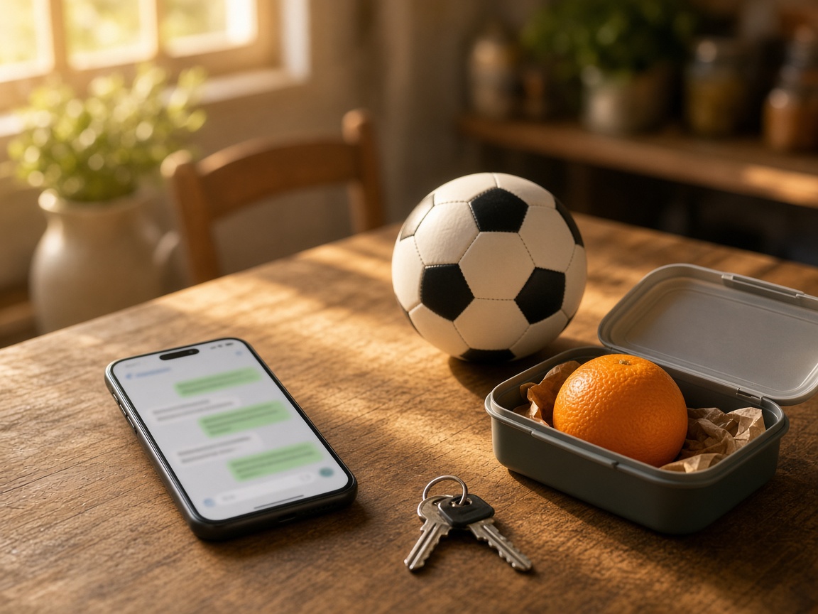Phone on a family table beside a football and a lunchbox